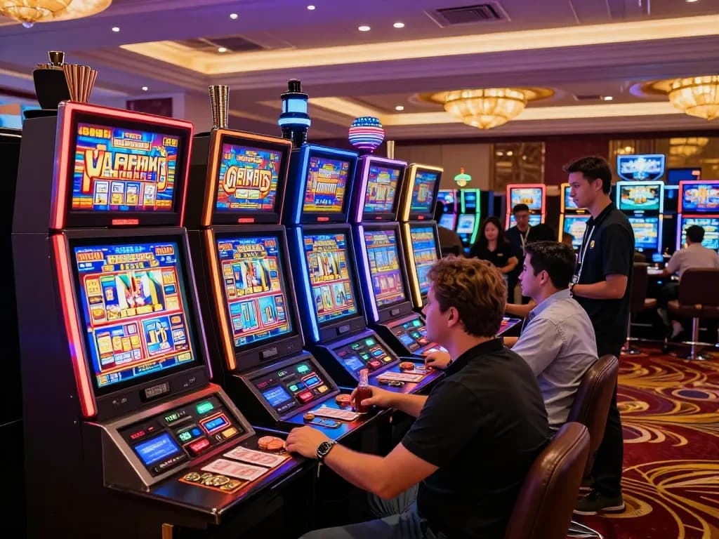 Pemain menikmati mesin slot link yang mendebarkan dalam suasana kasino yang hidup.