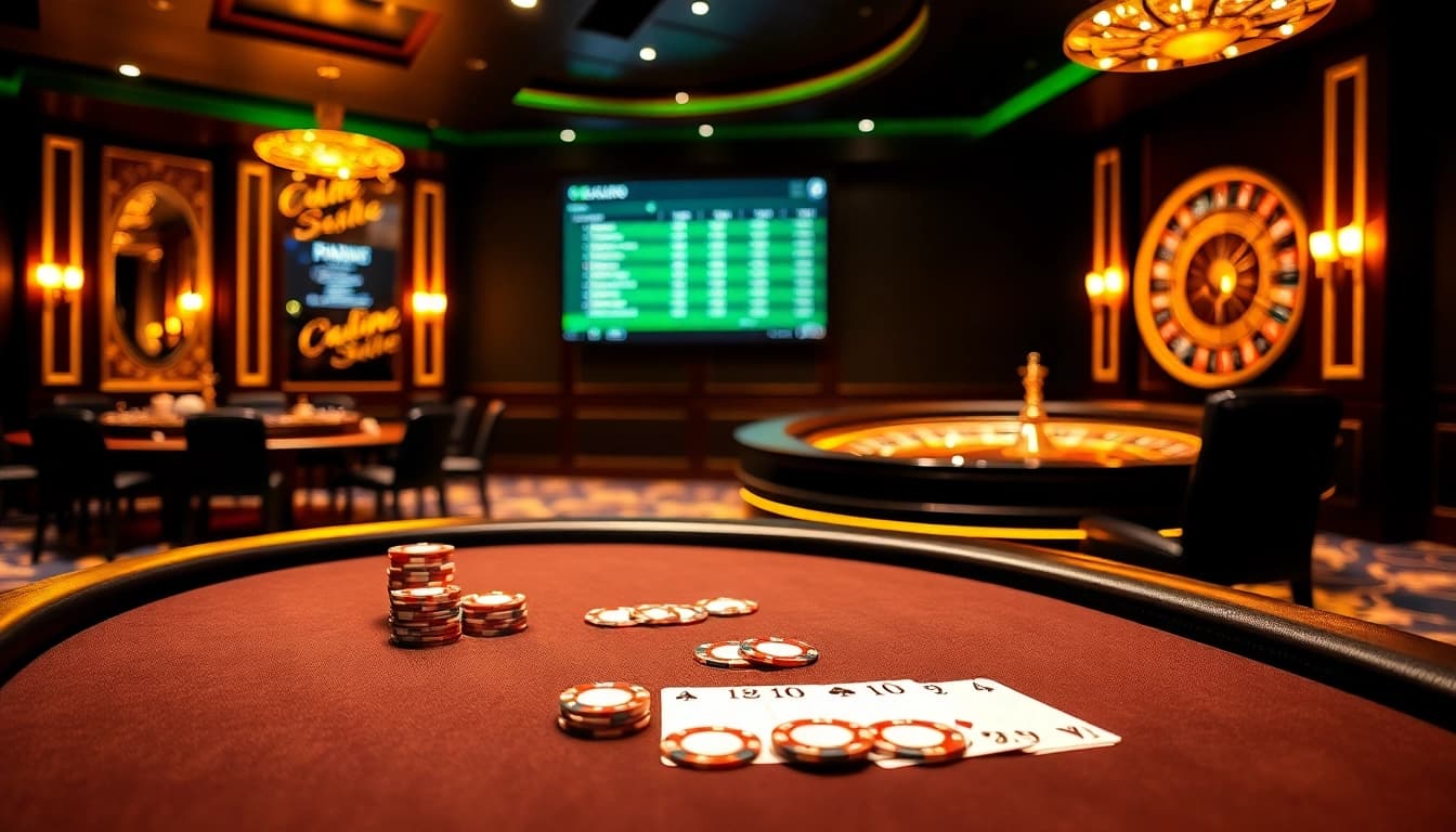 Scène engageante d'un casino en ligne présentant une table de poker et une roue de roulette prêtes pour les joueurs.