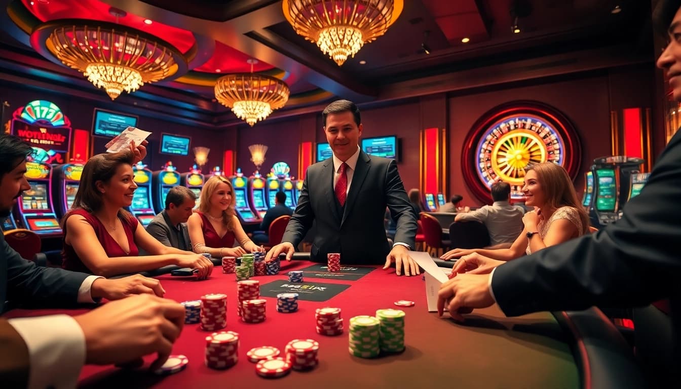 Players engage in a thrilling game of poker at a luxurious casino table while placing their bet.