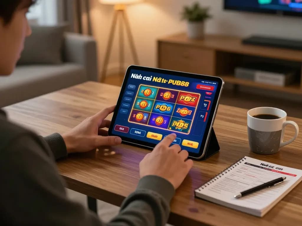 Player engaging with Nhà cái PUB88 on a tablet during an online gaming session at home.