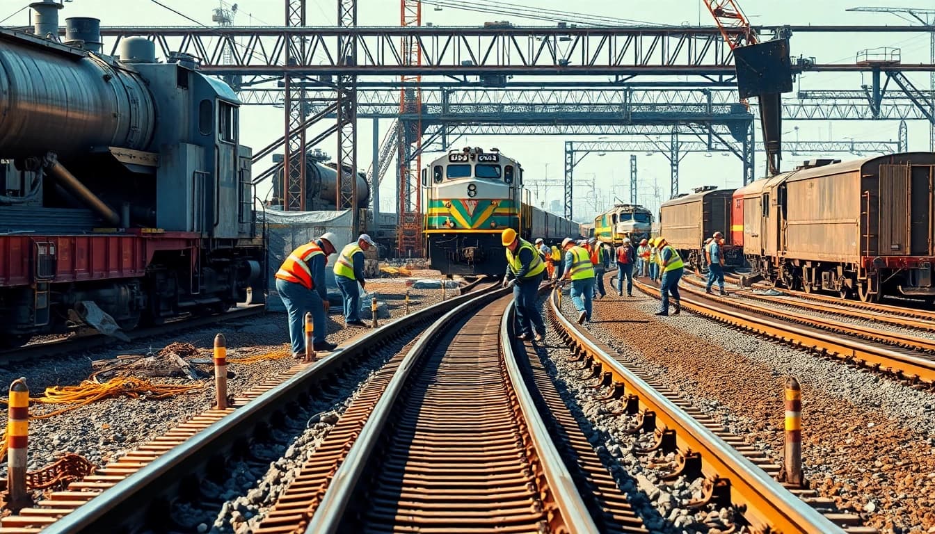 Railroad construction crew actively installing tracks with heavy machinery in the background.