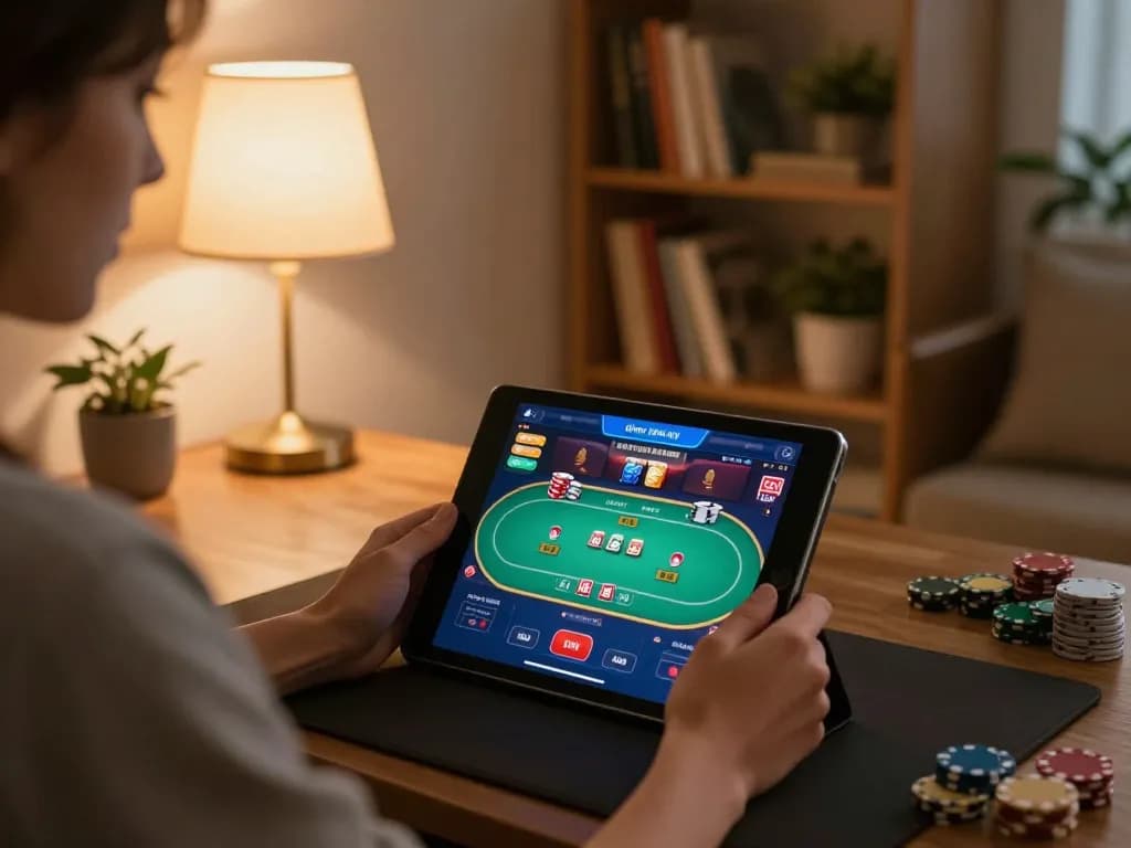 789Win player strategizing during online poker game on tablet in cozy home setting