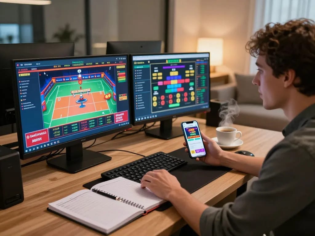 Bermain dengan strategi di aplikasi kasino online HOKI88 dari kantor rumah modern.