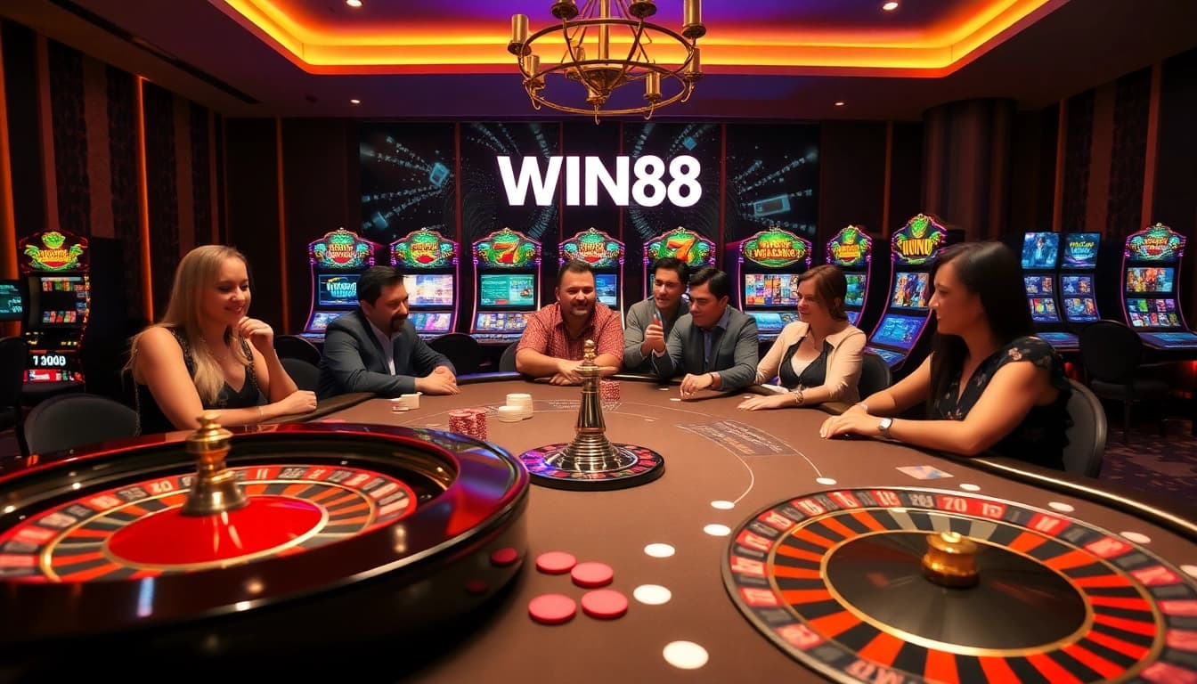 IWIN68 casino scene showcasing poker players, a roulette wheel, and vibrant slot machines in an elegant setting.