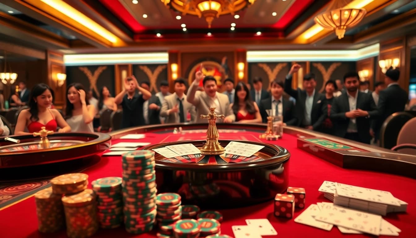 A thrilling gaming moment at Nhà Cái MMOO with players enjoying poker and roulette, showcasing excitement.