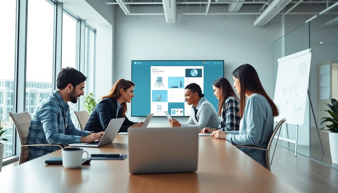 dịch vụ thiết kế website: a modern office scene with design team collaborating over laptops and digital screens