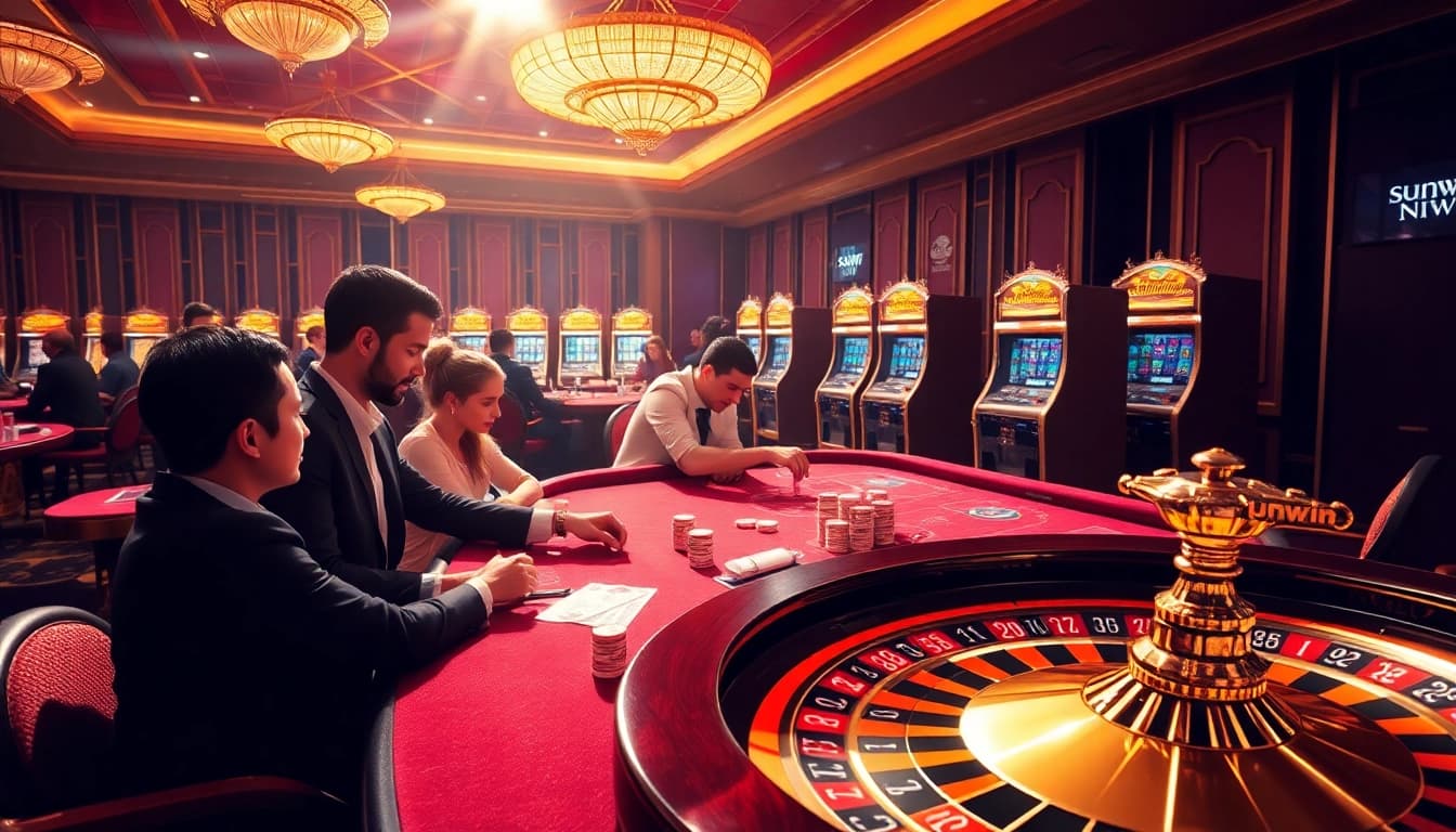 Players experience sunwin excitement at a luxurious casino table with vibrant chips and roulette wheel.