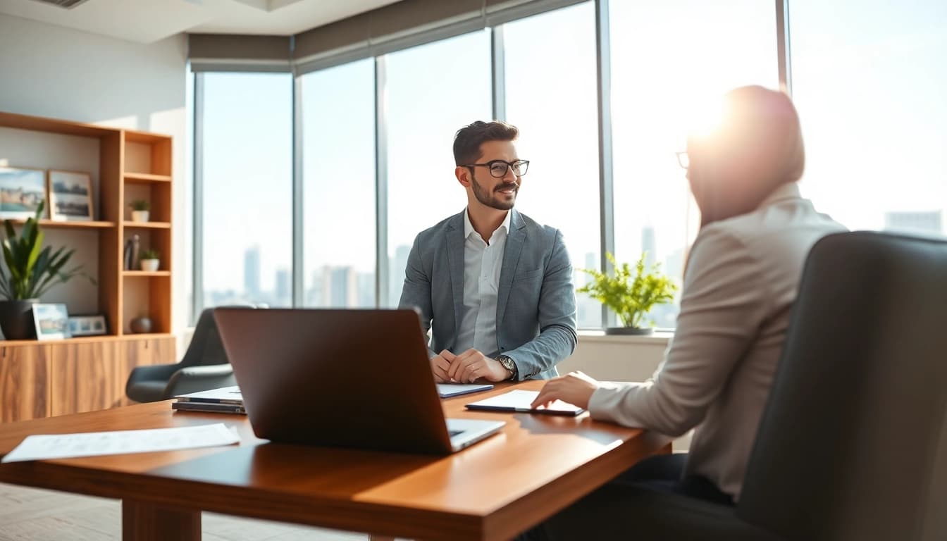 Real Estate agent assisting clients in a bright office with city views.