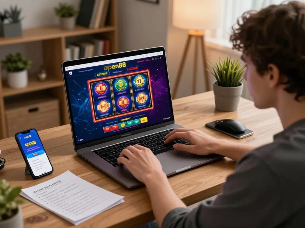 Player engaging with the open88 casino interface on a laptop, showcasing responsible online gaming.