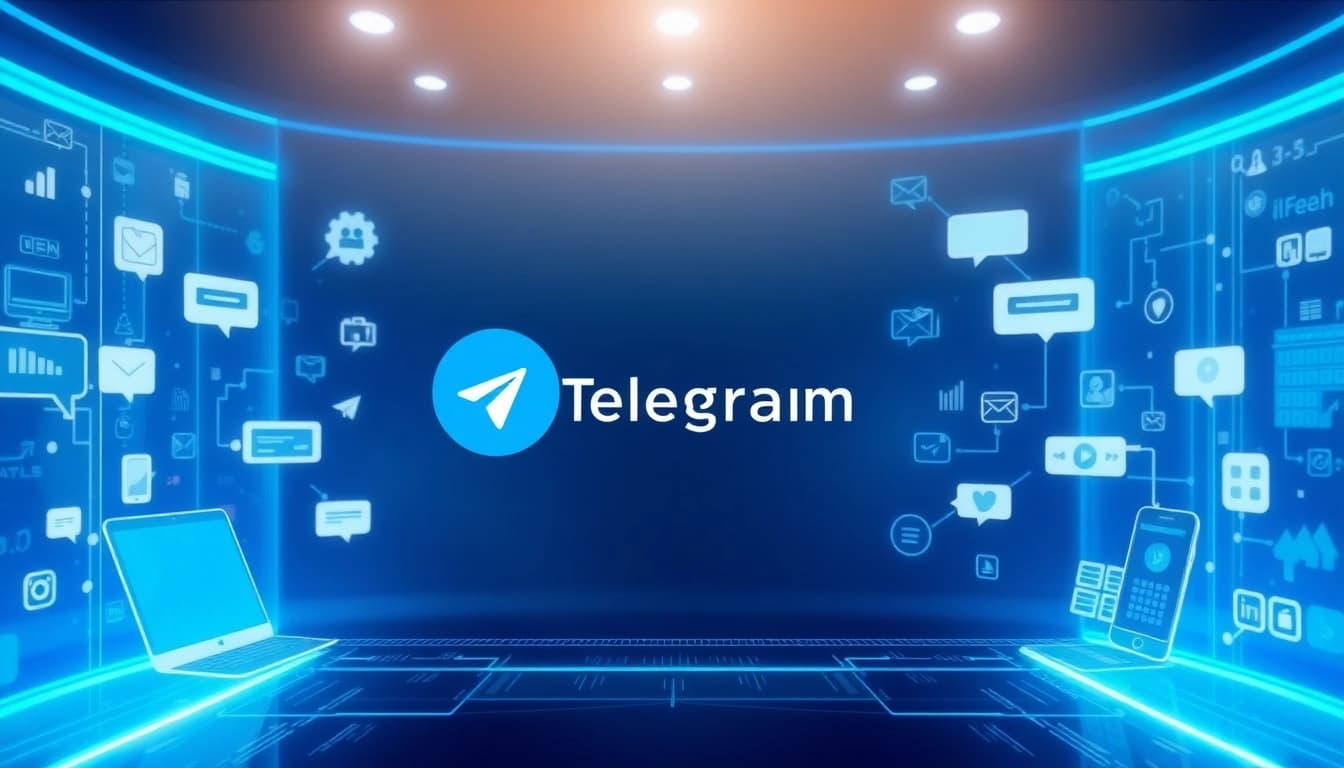 Telegram官网下载 surrounded by modern communication tools in a tech-inspired design.