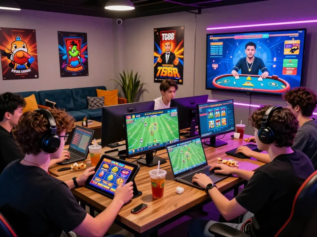 Engaged players enjoying diverse games on TG88 com platform in a dynamic lounge setting.