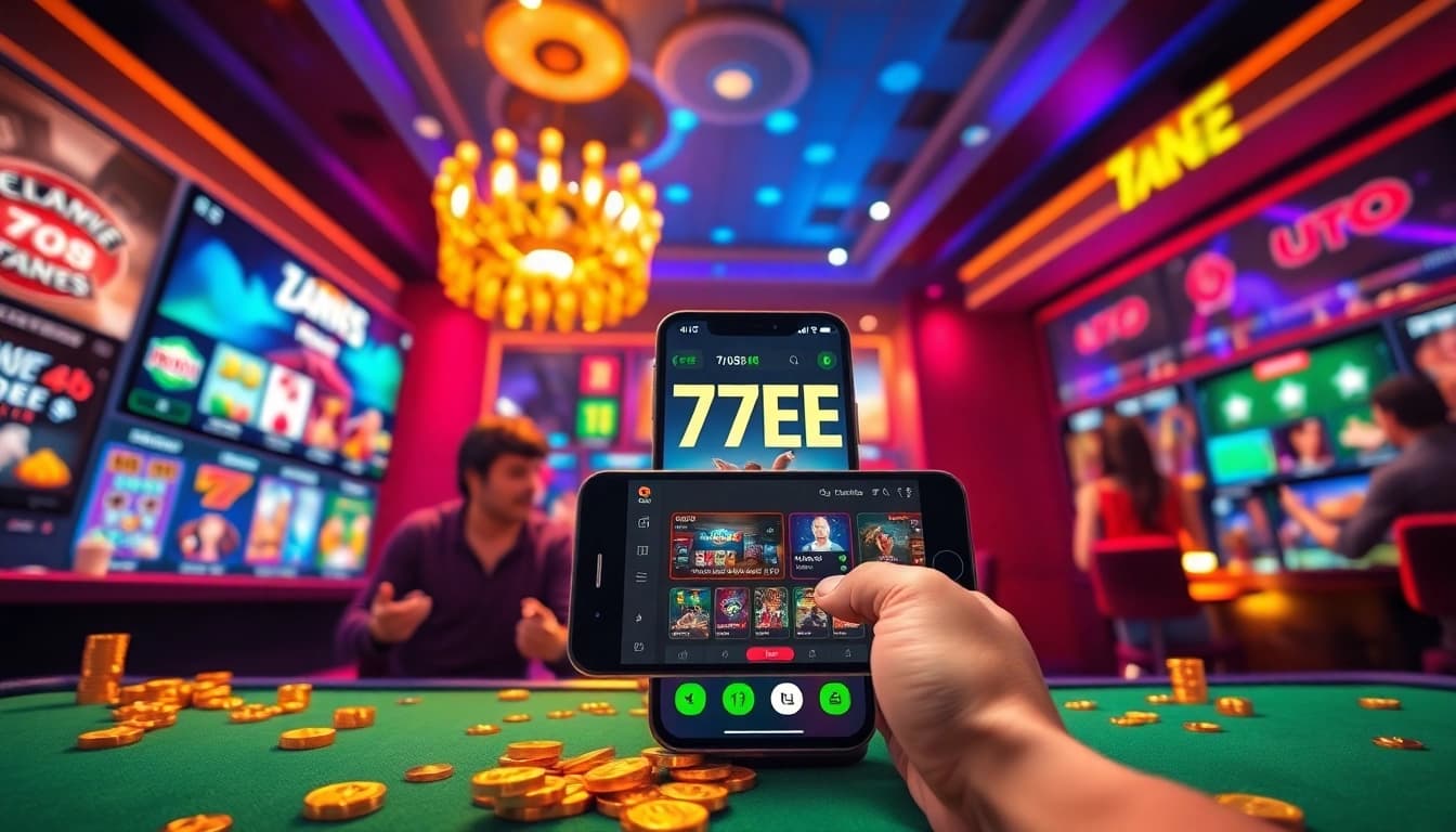 Dynamic visual showcasing the 77EE online gambling platform with vibrant games and user interface.