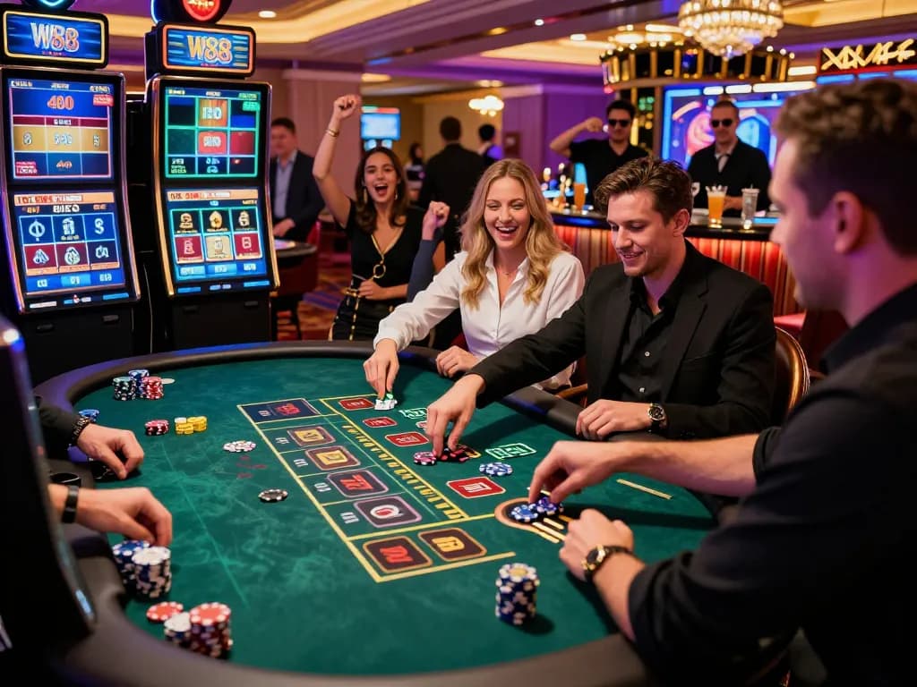 Exciting online gambling at https://w88.ca/ with live dealer blackjack, friends cheering, colorful neon lights.