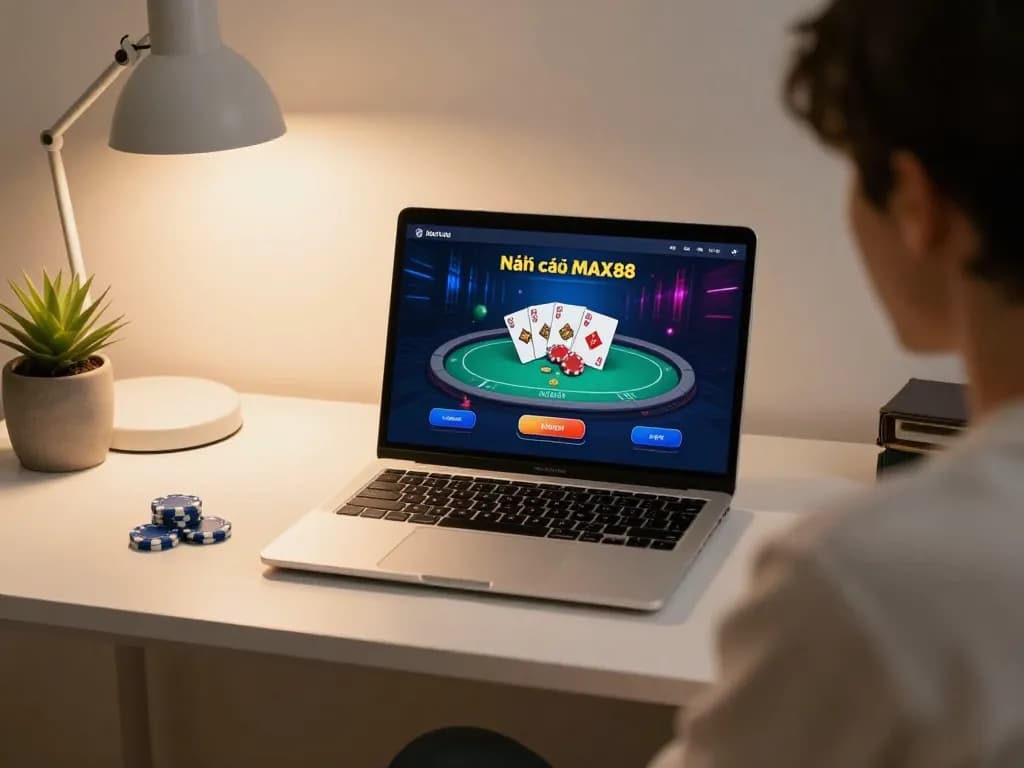 Engaging online gameplay on Nhà cái MAX88 poker platform showcasing strategic betting decisions at home