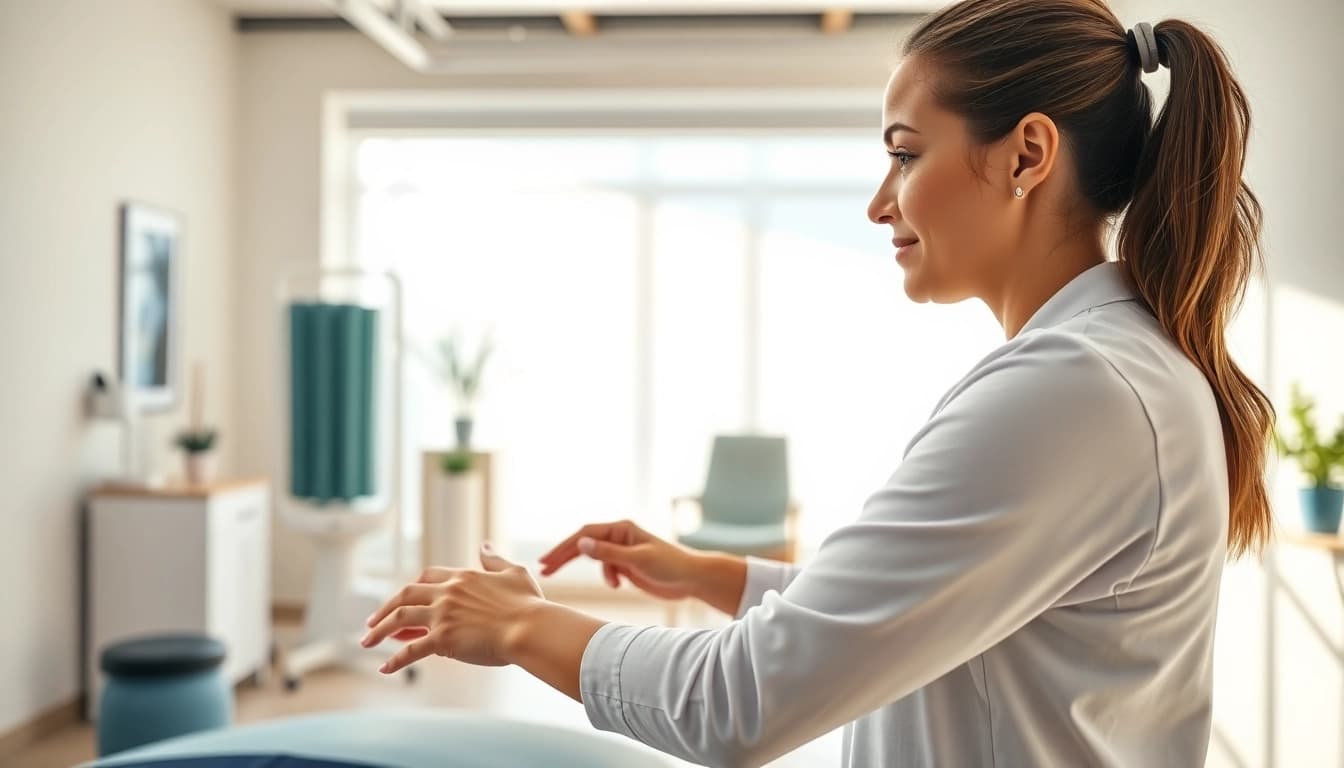 Engaging physiotherapist practicing north edmonton physiotherapy with a patient in a serene clinical setting.