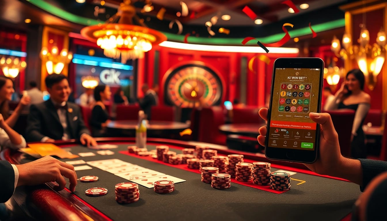 Win big with kk win bet as players celebrate around a luxurious poker table in a vibrant casino.