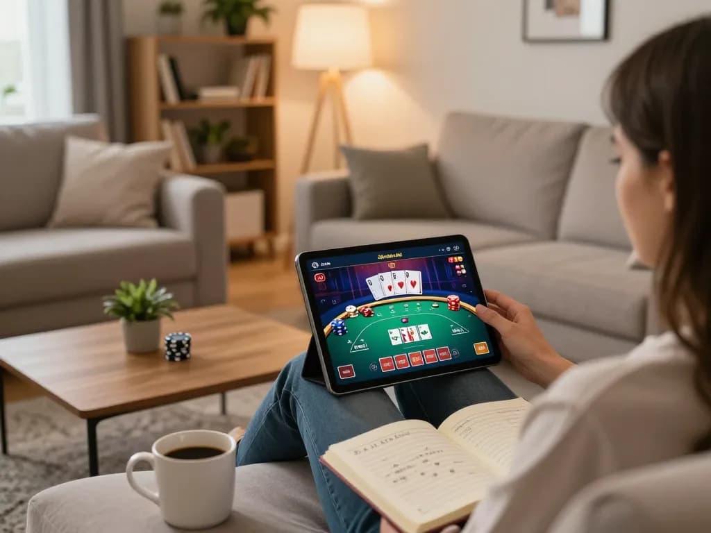 Person engaging with an online casino app, linking to Bet88 safely in a cozy home setting, showcasing strategic gameplay.
