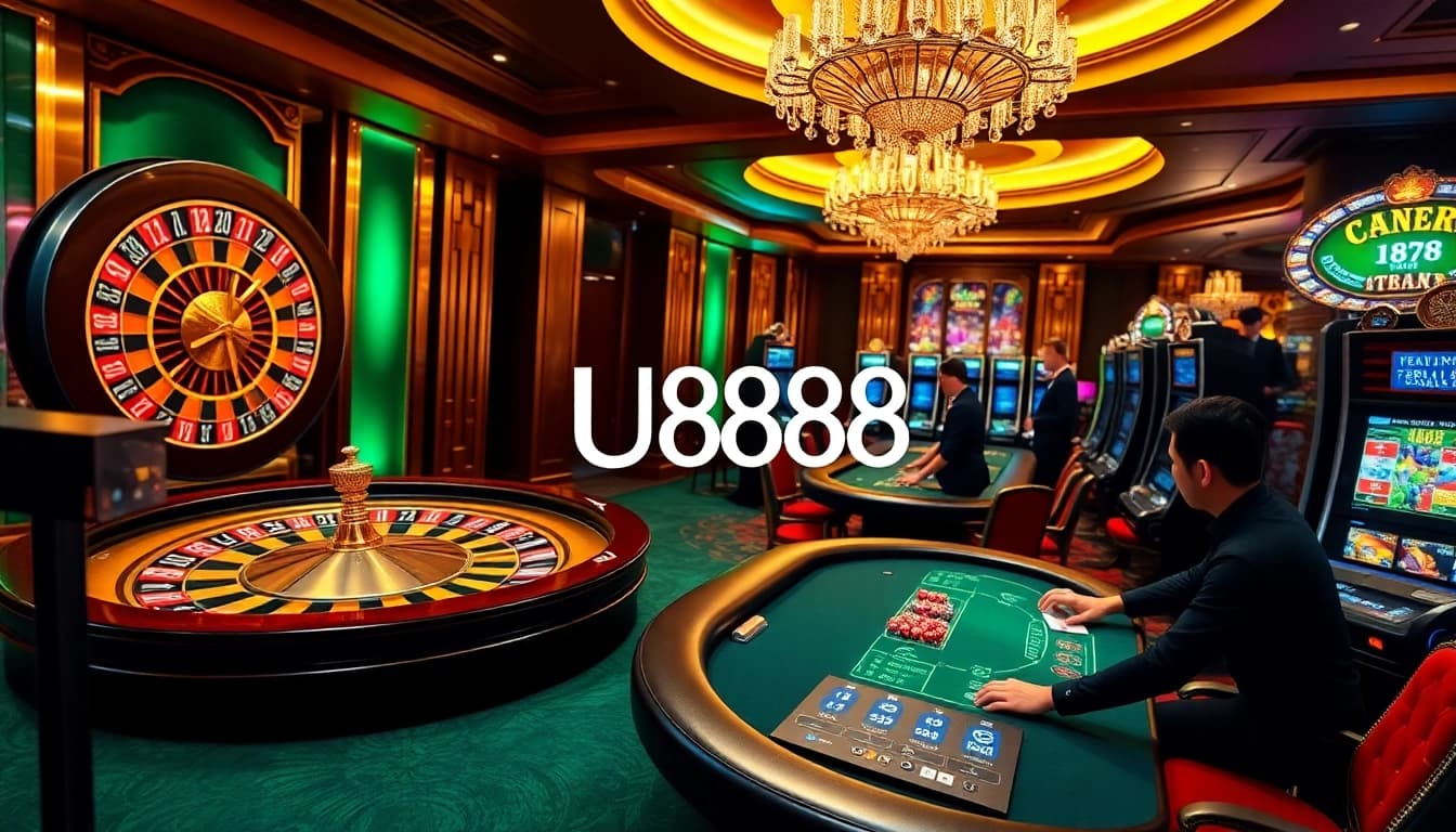 Experience the thrill of U888 with vibrant slot machines and a lively roulette wheel.