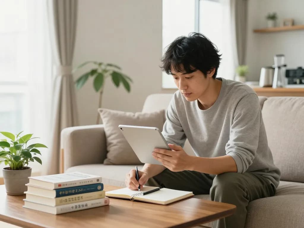 快適なリビングルームで健康について議論しながらキトー君の口コミレビューを読む男性。