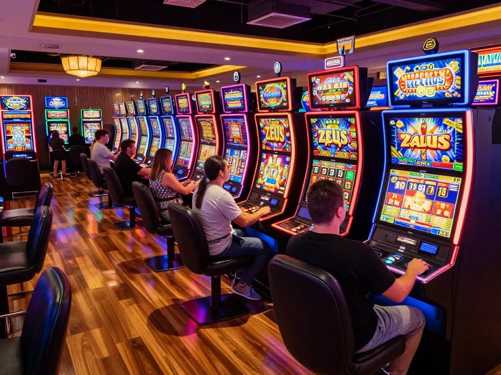 Pemain merasakan sensasi slot zeus pada mesin berwarna-warni di lingkungan kasino yang dinamis.