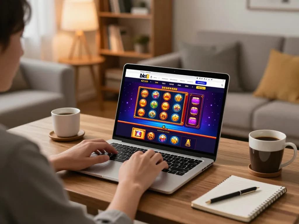 Engaging online gaming experience on bk8 with person using laptop in cozy living room.