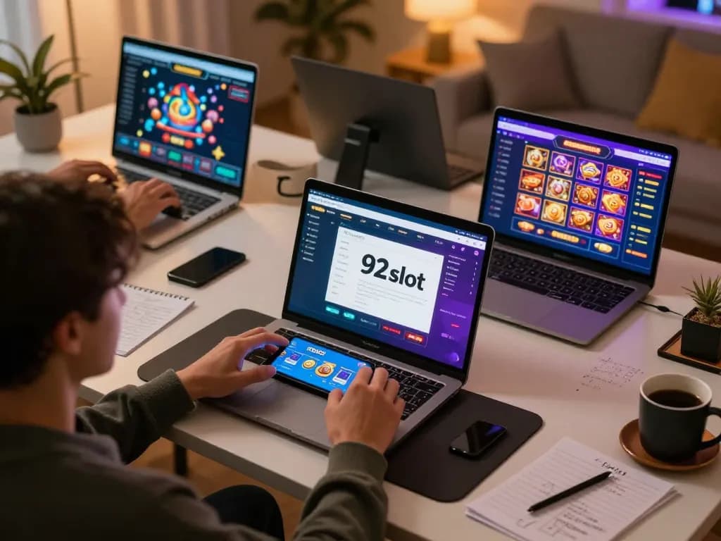 Person enjoying the immersive 92slot gaming experience on a mobile app, surrounded by strategy notes.
