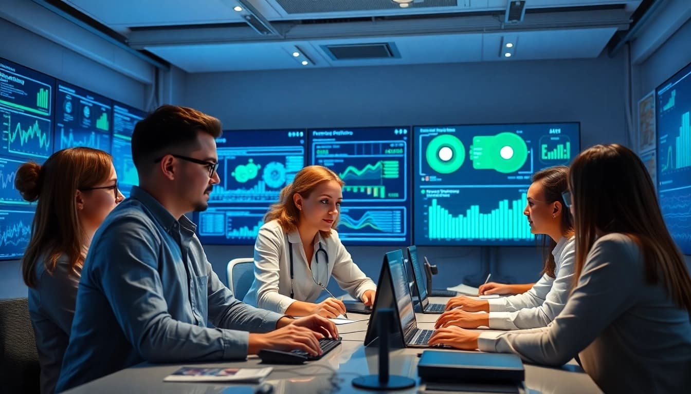 Dynamic team of professionals at an AI integration service provider collaborating over advanced technology interfaces.