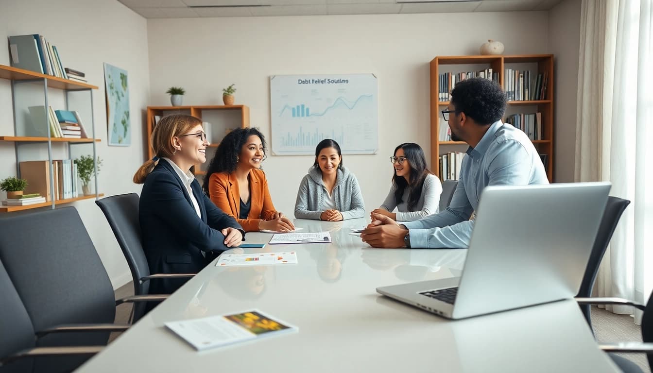 Scena di consulenza finanziaria coinvolgente presso clinicadeldebito.it, che mostra un consulente professionale con una famiglia in un ufficio moderno.