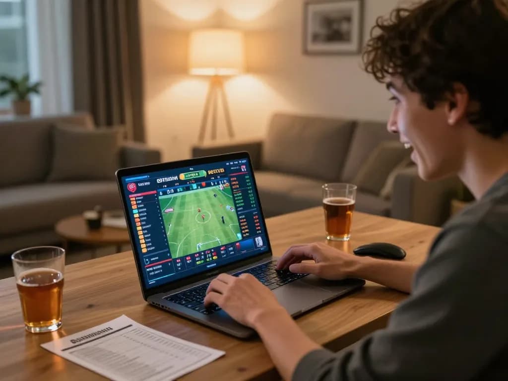 Engaging with the nhà cái 8xbet sports betting platform from a cozy home setup, placing bets and analyzing odds.