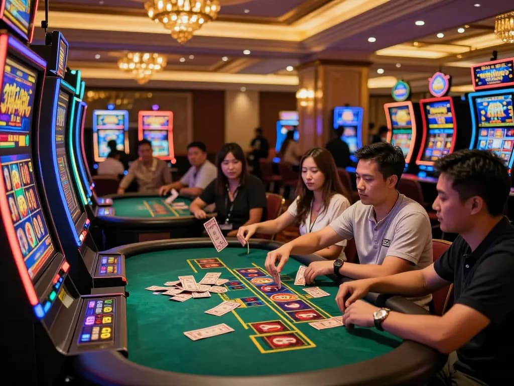 Thrilling gameplay at slot thailand machines with players engaged in vibrant casino lights.