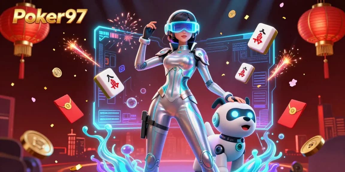 Engage with Poker97 through a vibrant 3D illustration showcasing an exciting casino experience with futuristic elements.