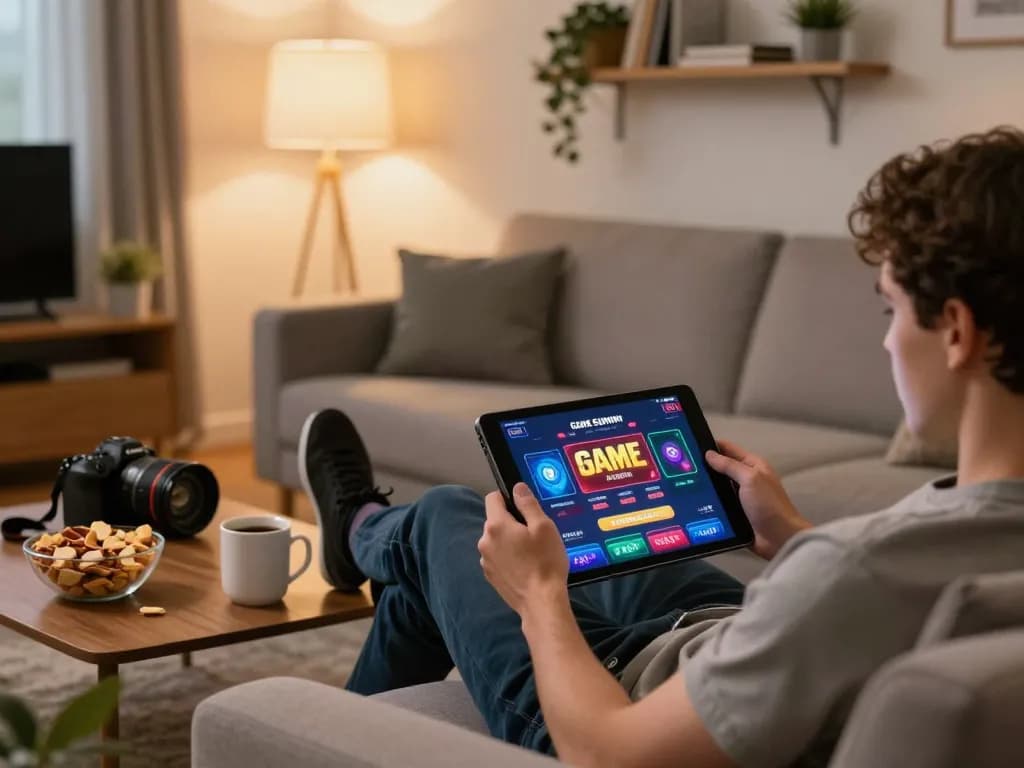 Engaged player enjoying GAME SUNWIN on tablet in cozy home environment, showcasing responsible gaming