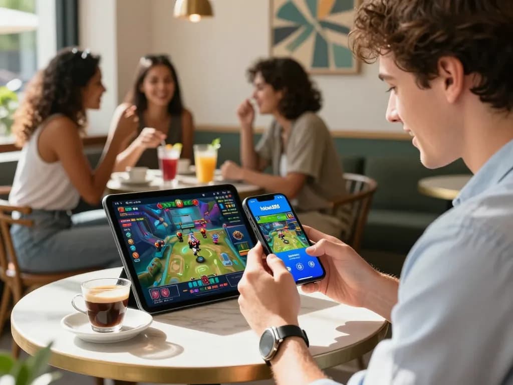 Tải app hubet88 on smartphone at a vibrant café showcasing mobile gaming excitement.