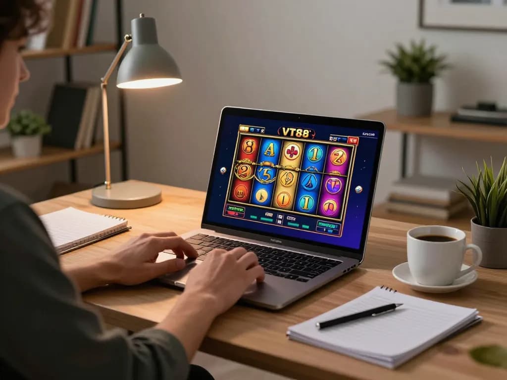 Player enjoying VT88's online slots in a cozy home office while focusing on strategy.