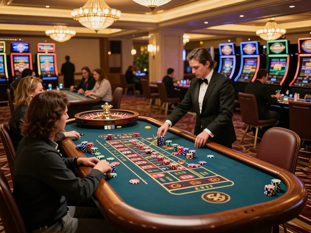 Players engaging at the roulette table in a luxurious casino, highlighting the excitement of 56WIN.