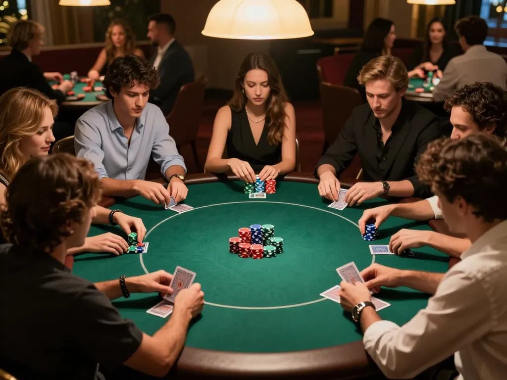 Players engaging in a strategic poker game at 678vip, showcasing colorful chips and cards in a cozy atmosphere.