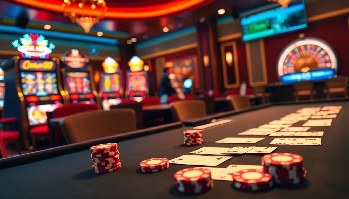 Experience the thrill of gambling at go999.it.com with this vibrant casino scene featuring poker and slot machines.