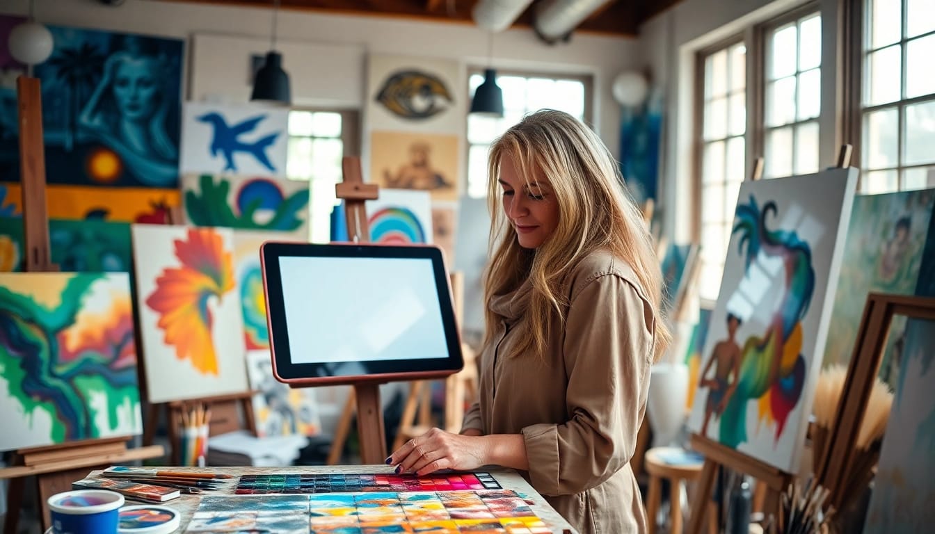 Artist generating detailed image to prompt in a vibrant studio