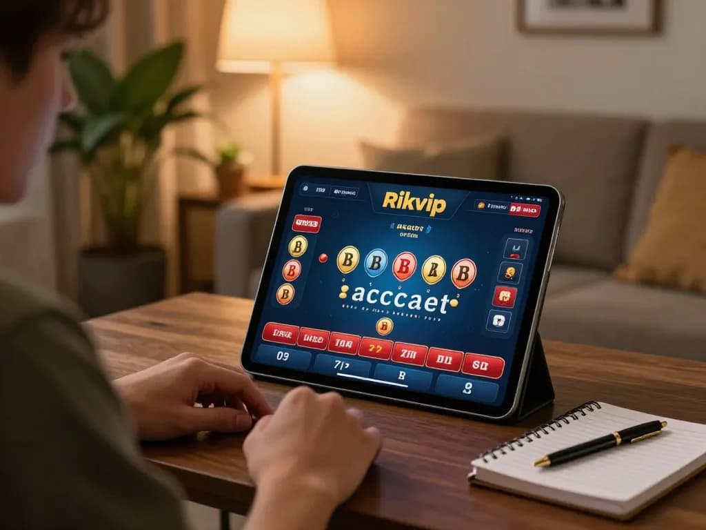 Baccarat thông tấn Rikvip player engaged in online strategy with focused gameplay, showcasing responsible gambling.