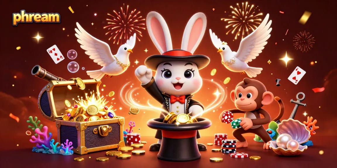 phdream showcases a magical casino scene with a rabbit magician, dove, and monkey engaged in thrilling gambling.