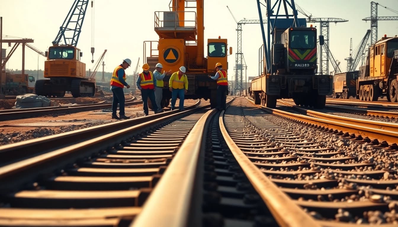 Railroad Construction team aligning steel tracks on-site, showcasing precision and teamwork under bright sunlight.