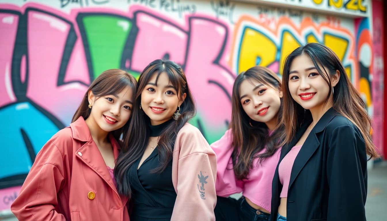 blackpink members posing confidently in an urban setting with vibrant graffiti