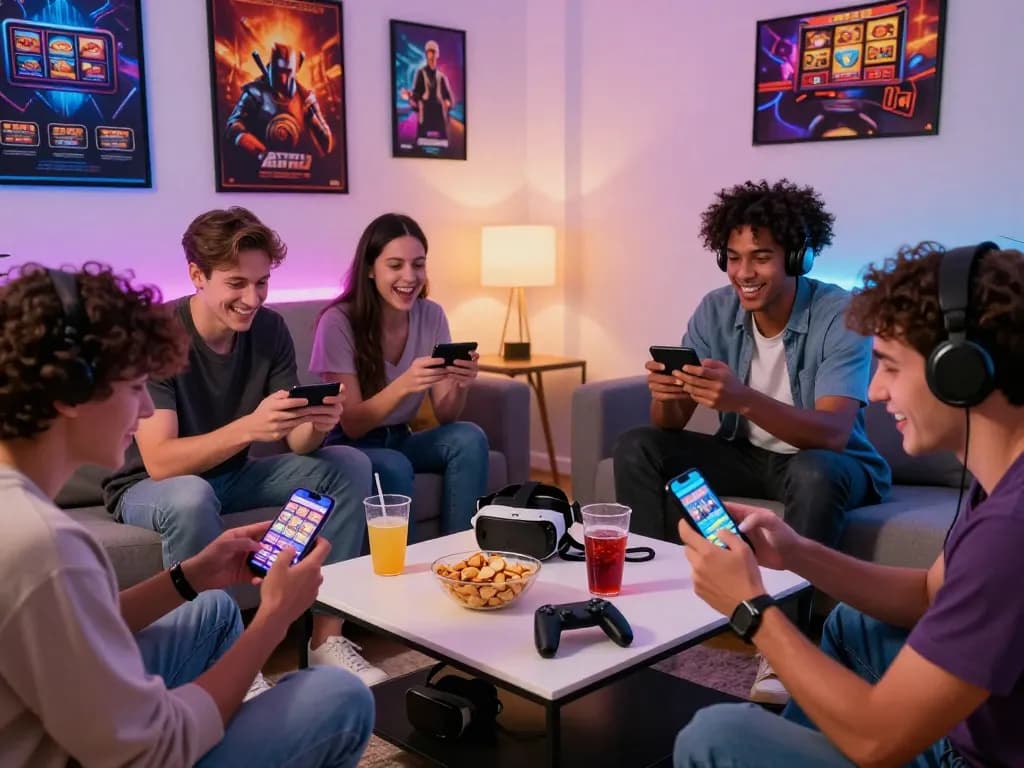 Friends enjoying mobile slot games at home, mantra88 gaming excitement.
