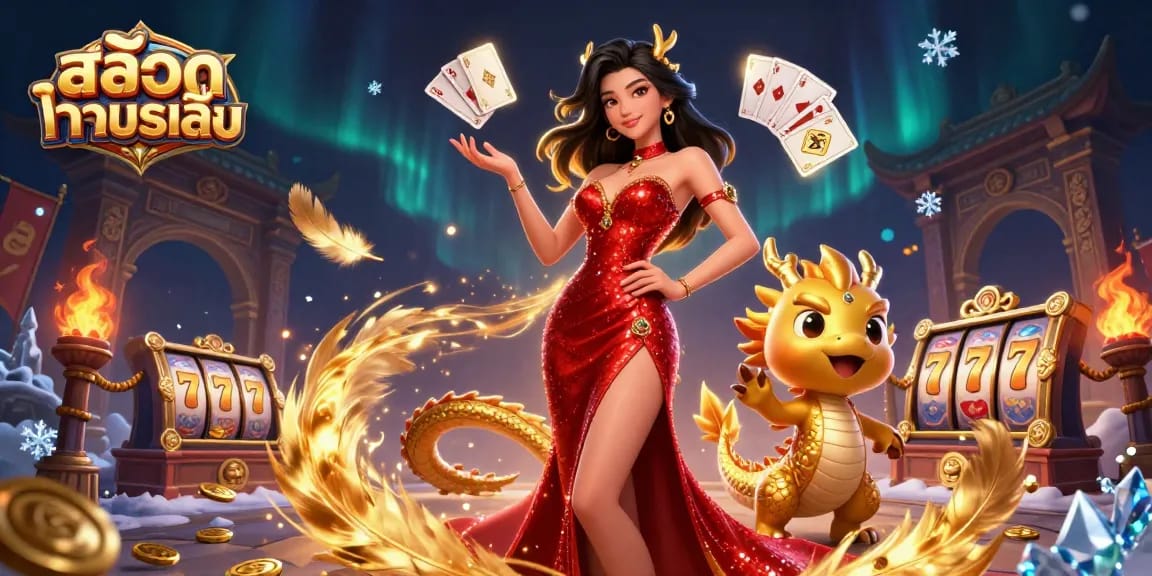 Experience สล็อตทดลองเล่น with captivating visuals of a confident woman, golden dragon, and slot elements.
