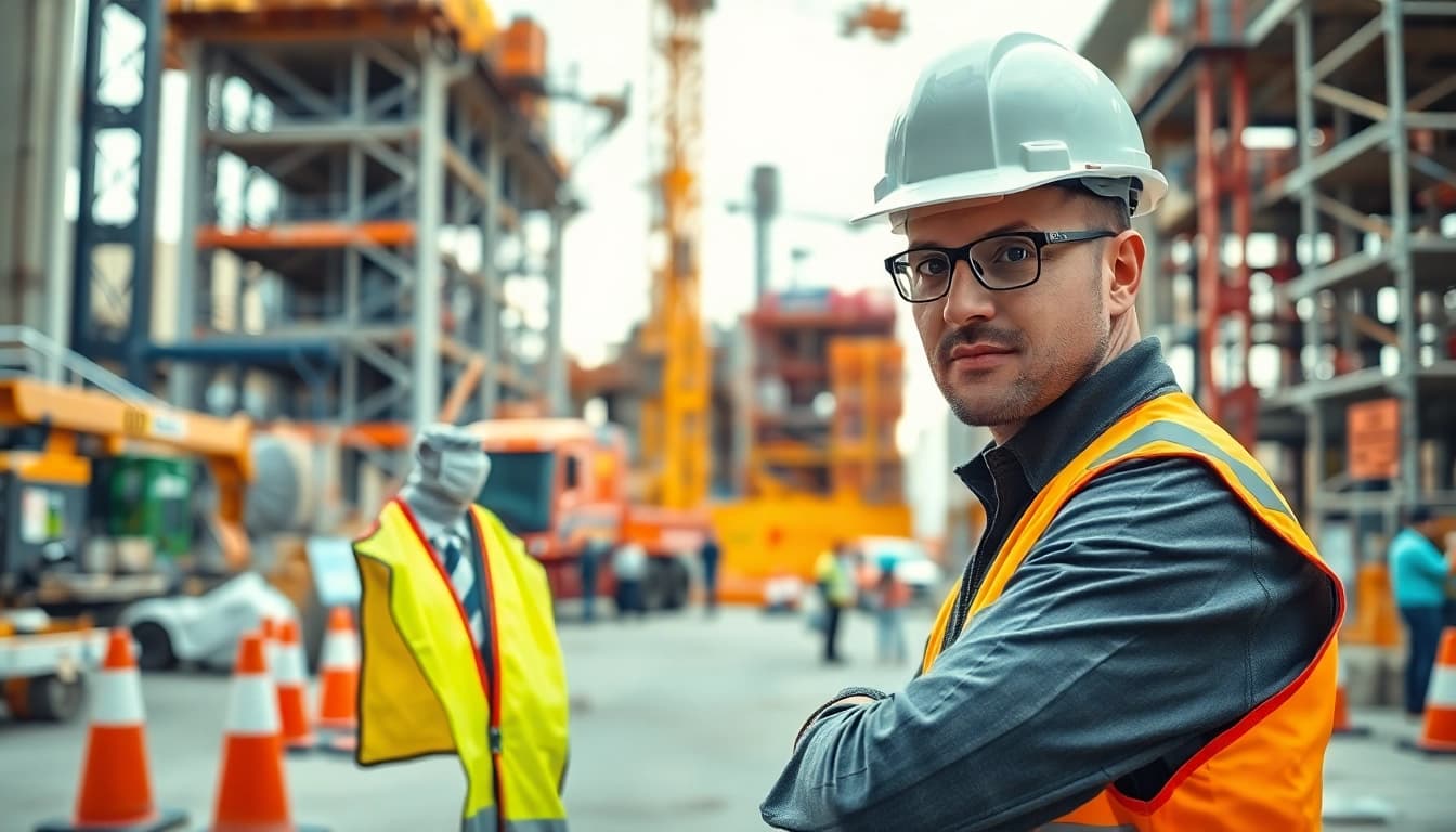 Ensure construction site safety with a focused worker checking equipment and protocols in a busy site.