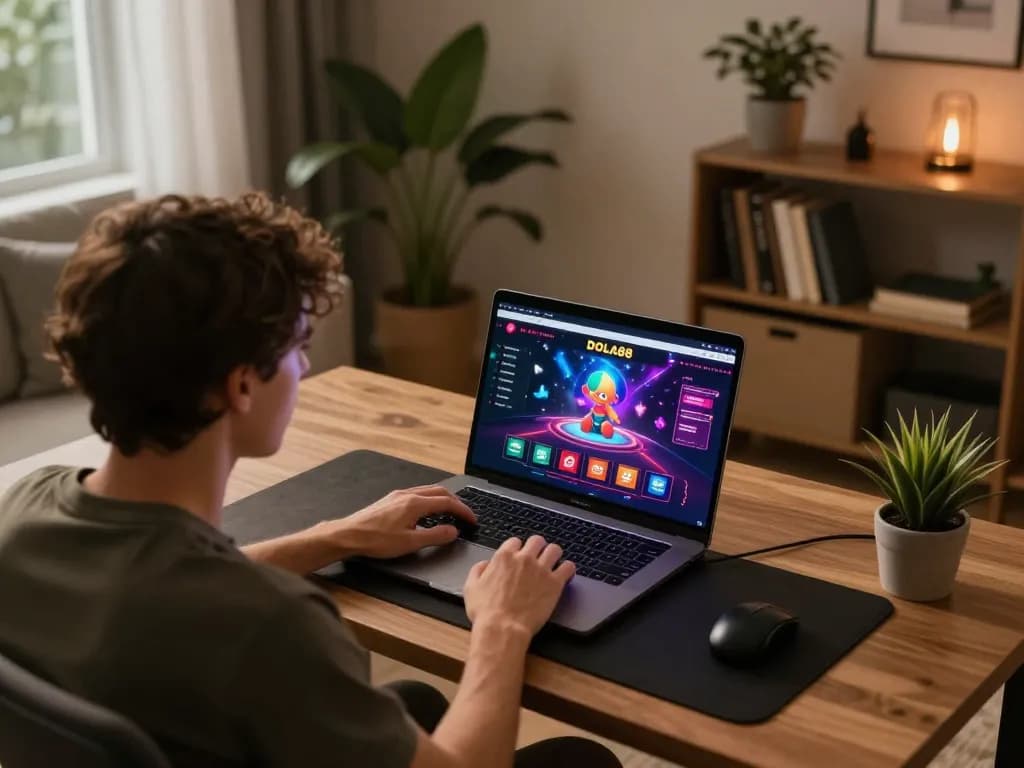 DOLA88 online gaming setup showcasing user engaged in casino gameplay at home.