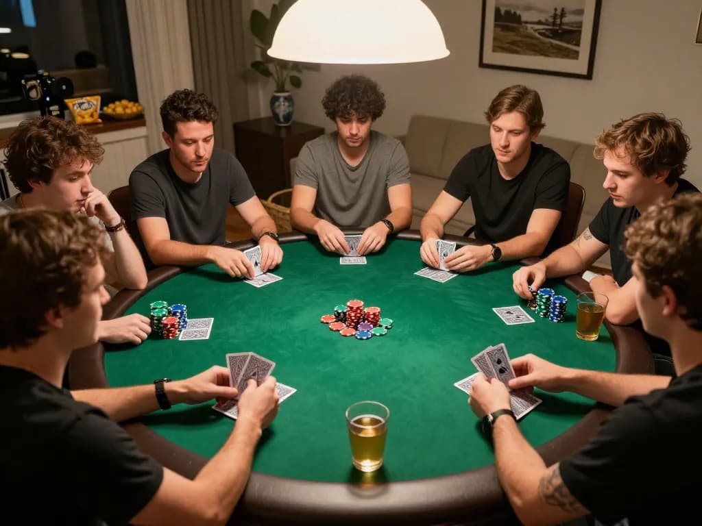 gcconsult players engaged in a strategic poker game with colorful chips and cards visible in a cozy home setting.