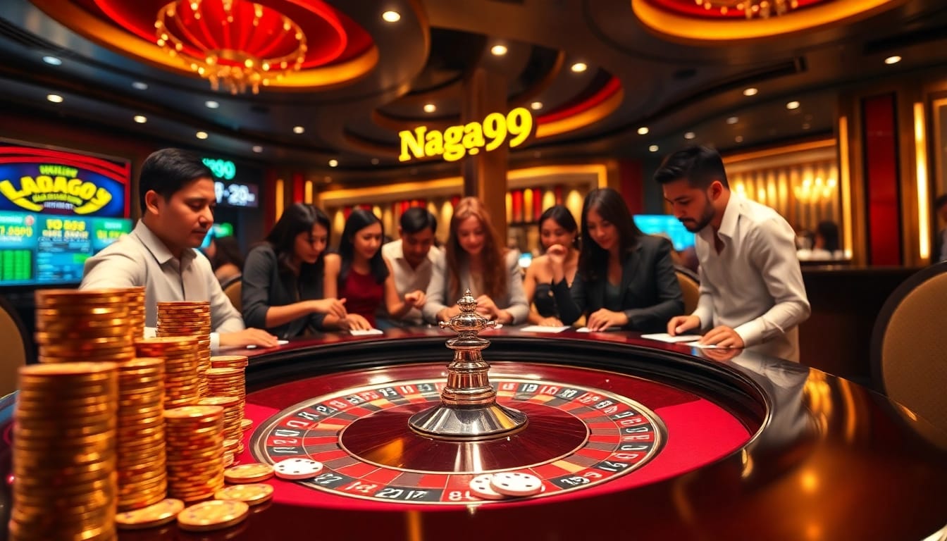 Naga99 players celebrating their win at a lavish casino table with vibrant chips and cards