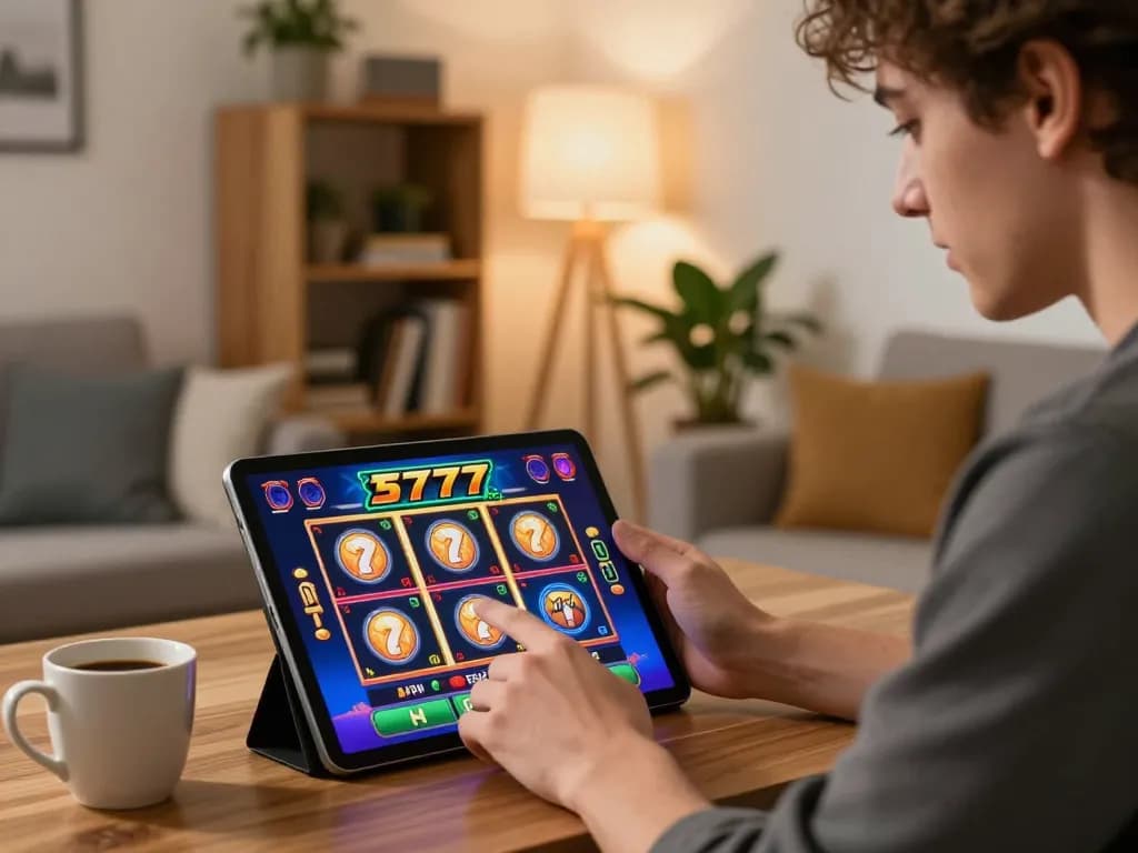 Engaging gameplay on slot77 app in a cozy home environment, highlighting online gambling excitement.