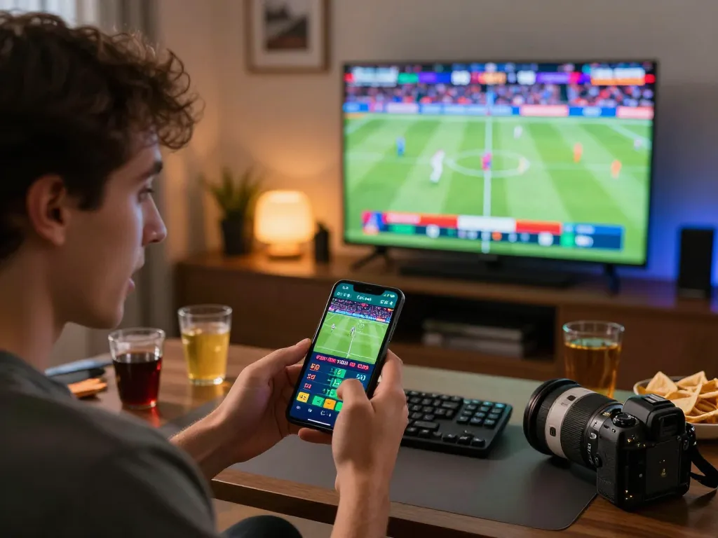 BL555 user engaged in live sports betting on smartphone with dynamic display and strategic environment